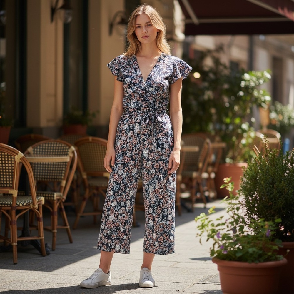 Zara Basic Floral Midi Dress Navy Blue Tie‎ Waist Pockets Flutter Sleeve Large